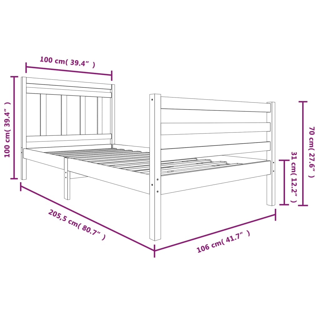 Bed Frame without Mattress Solid Wood 100x200 cm