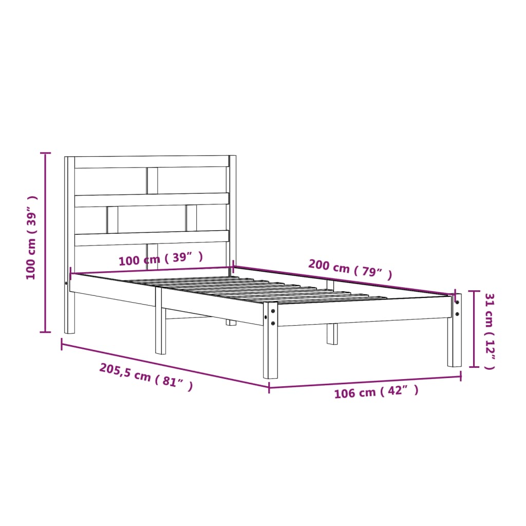 3101212 vidaXL Bed Frame without Mattress Black Solid Wood 100x200 cm (810011+814183)