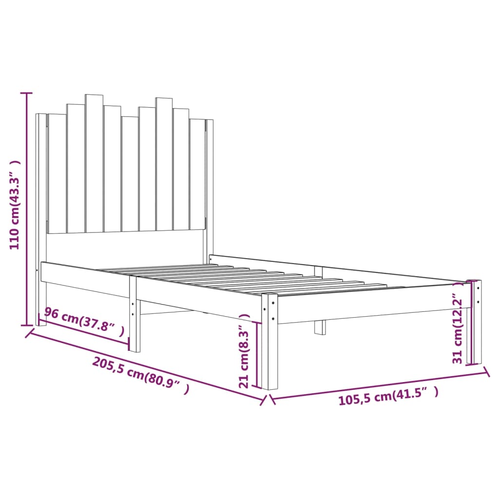 3103772 vidaXL Bed Frame without Mattress Black Solid Wood 100x200 cm (810011+818459)