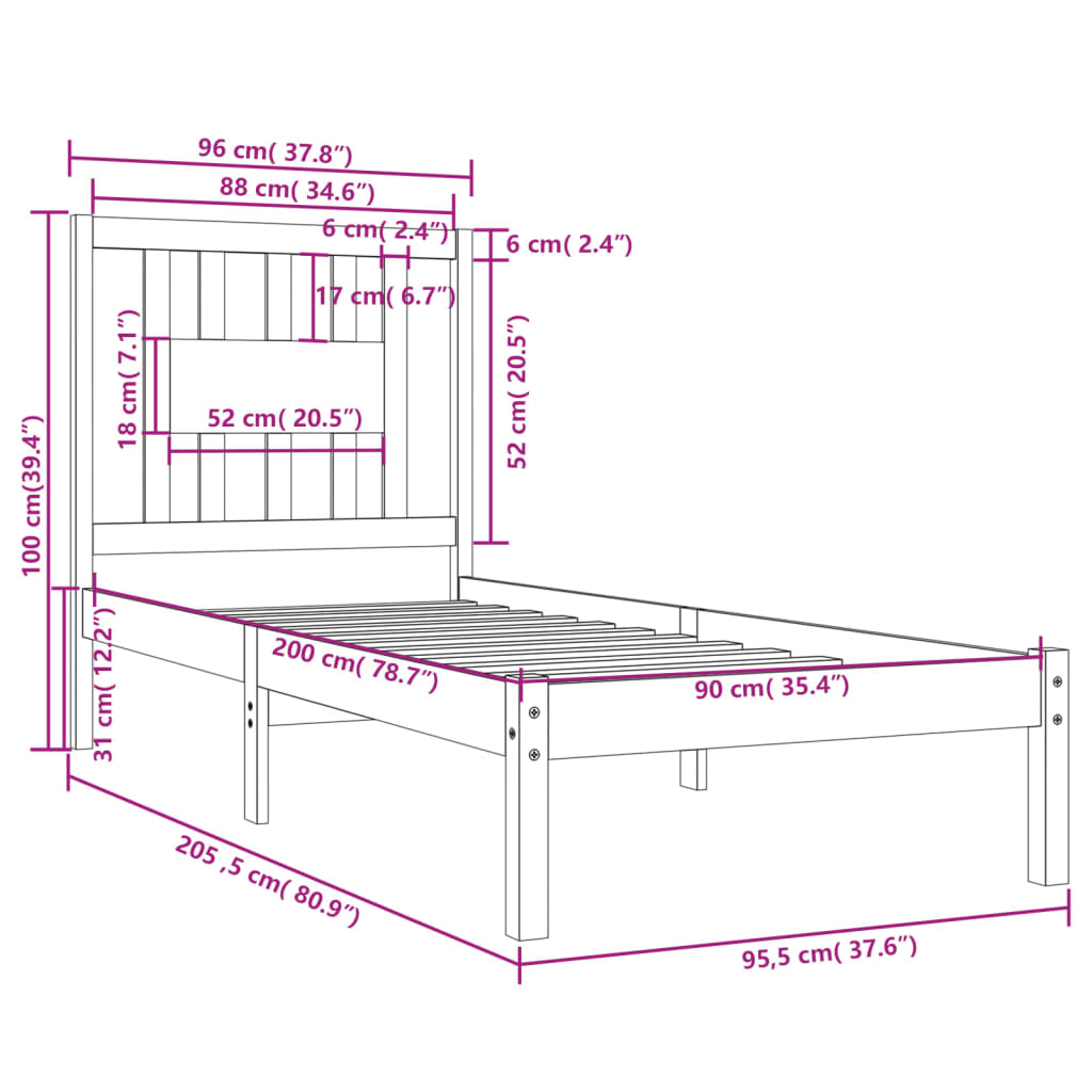 3104049 vidaXL Bed Frame without Mattress White Solid Wood 90x200 cm (810003+818651)