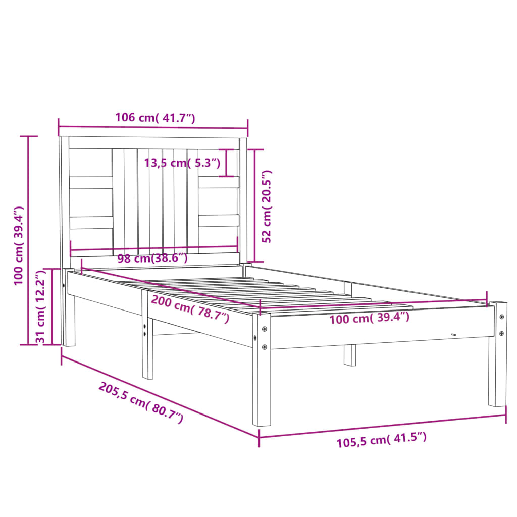 Bed Frame without Mattress Honey Brown 100x200 cm Solid Wood