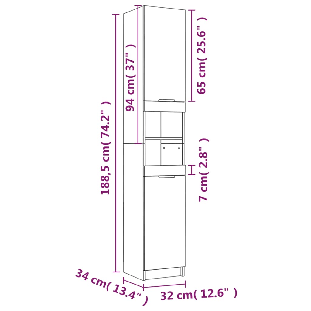 Bathroom Cabinet High Gloss White 32x34x188.5cm Engineered Wood