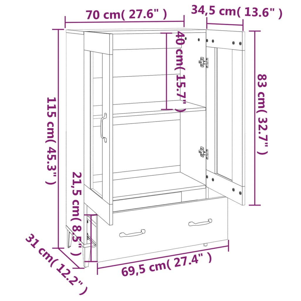 Highboard Black 70x31x115 cm Engineered Wood