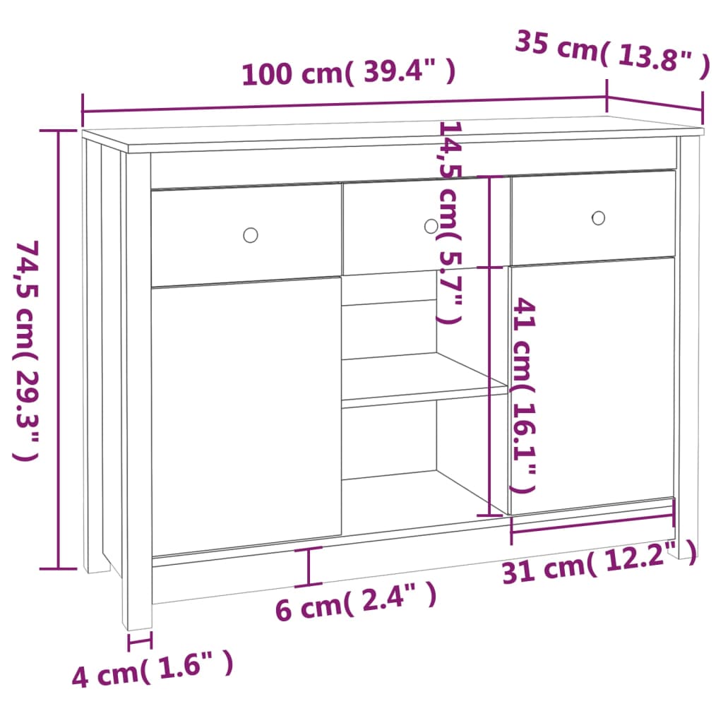 Sideboard Black 100x35x74,5 cm Solid Wood Pine