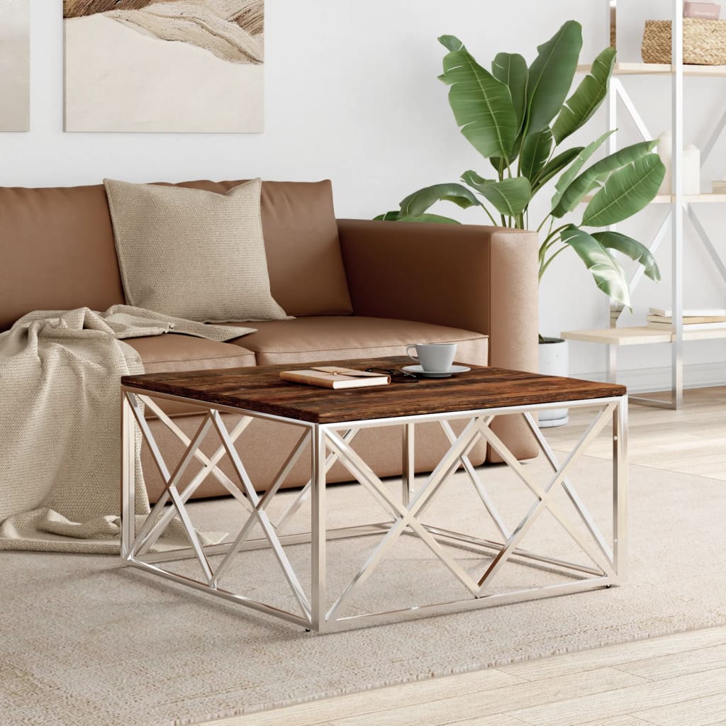Coffee Table Stainless Steel and Solid Wood Reclaimed