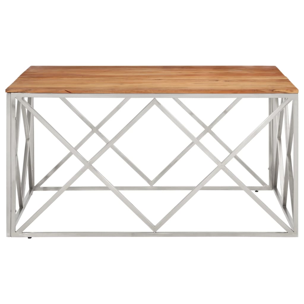 Coffee Table Silver Stainless Steel and Solid Acacia Wood
