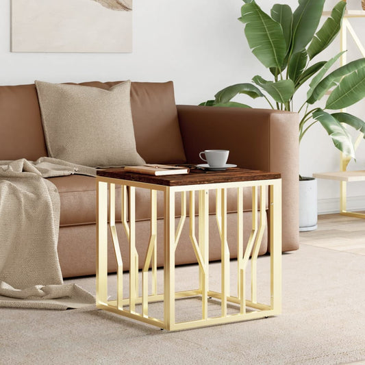 Coffee Table Gold Stainless Steel and Solid Wood Reclaimed