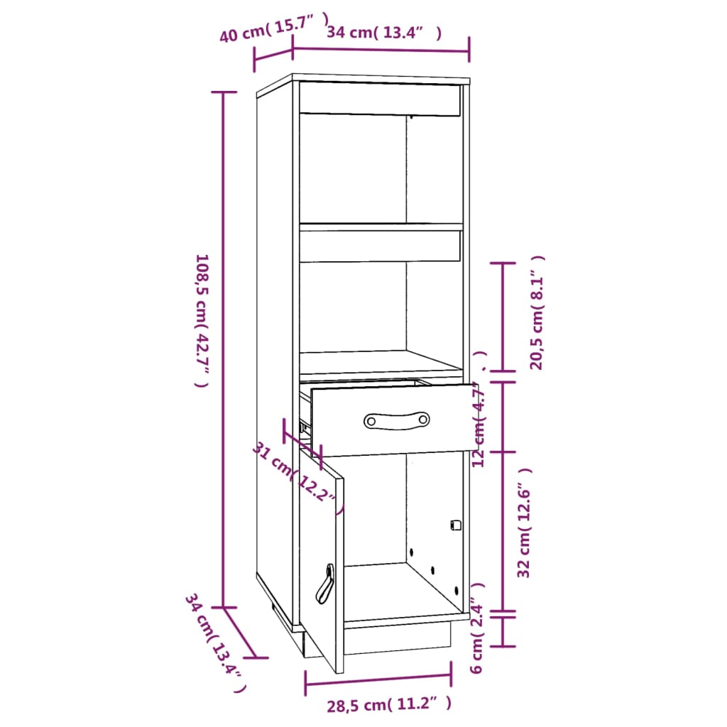 Highboard Honey Brown 34x40x108,5 cm Solid Wood Pine