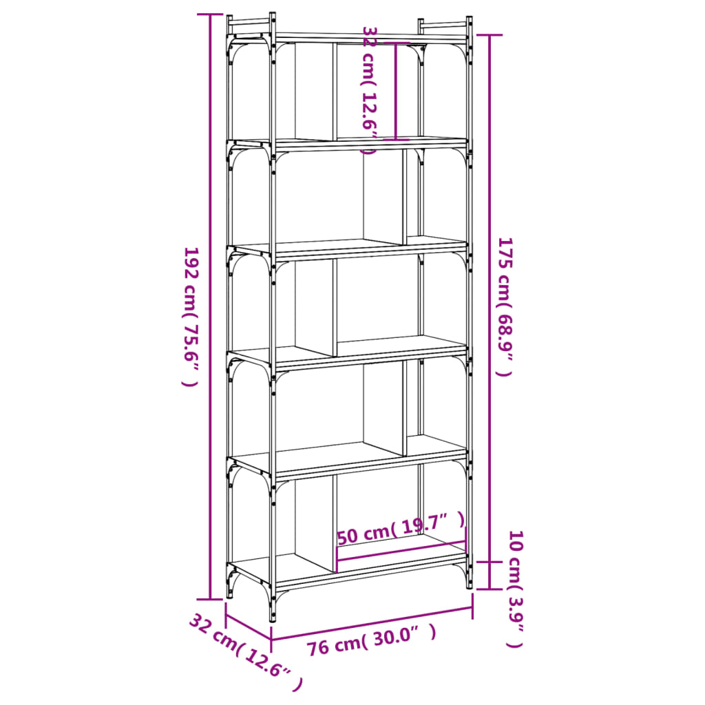 Bookcase 6-Tier Grey Sonoma 76x32x192 cm Engineered Wood