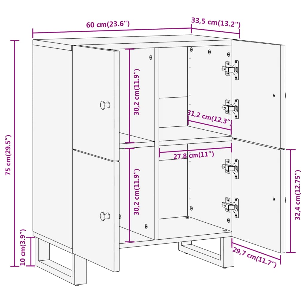 Side Cabinet Brown and Black 60x33.5x75 cm Solid Wood Mango