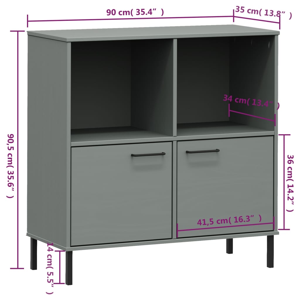 Bookcase with Metal Legs Grey 90x35x90.5 cm Solid Wood OSLO