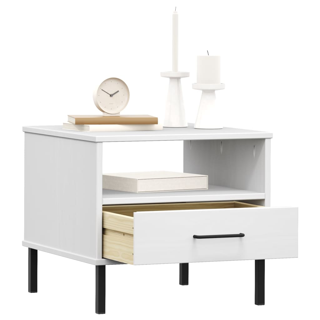 Bedside Table with Metal Legs White Solid Wood Pine OSLO