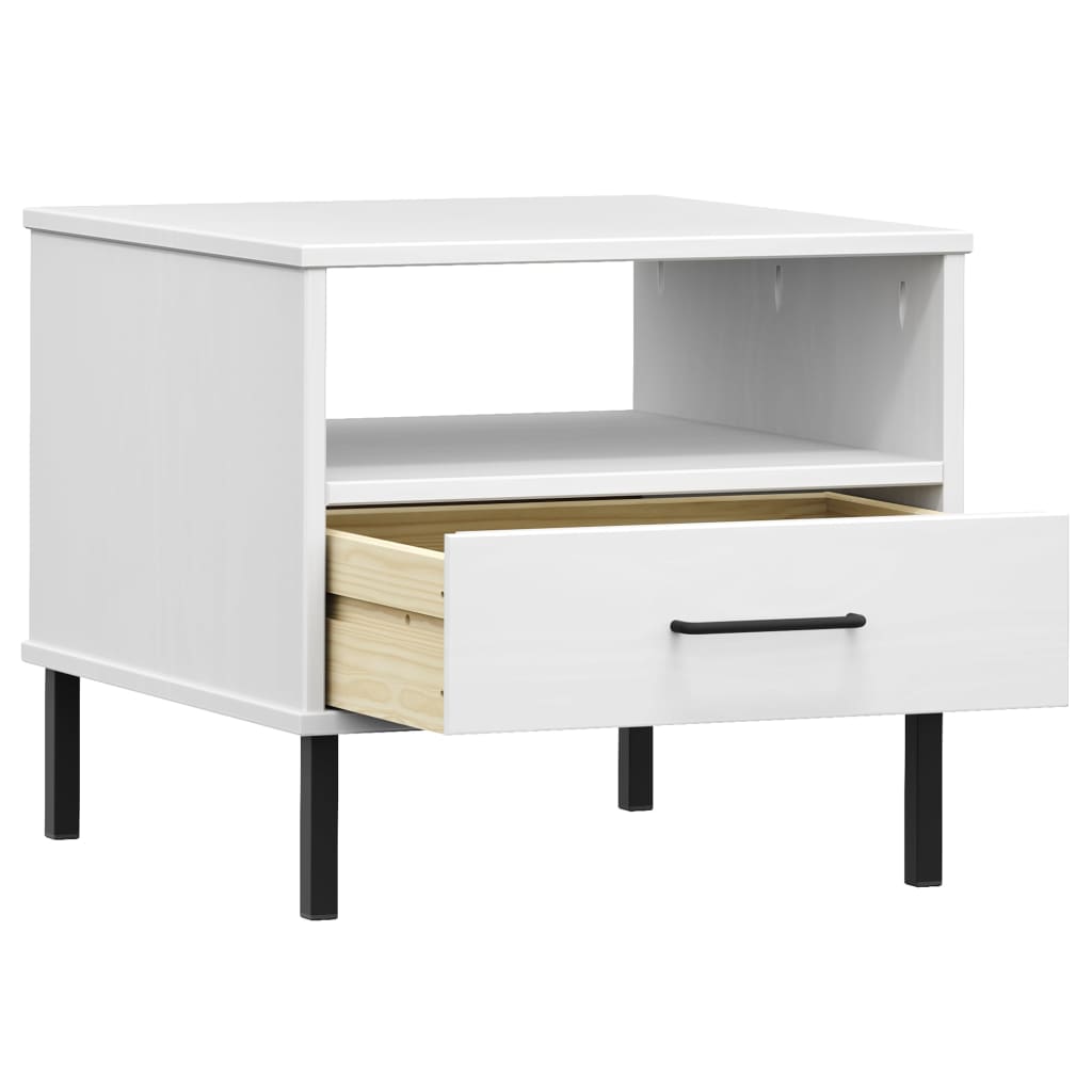Bedside Table with Metal Legs White Solid Wood Pine OSLO