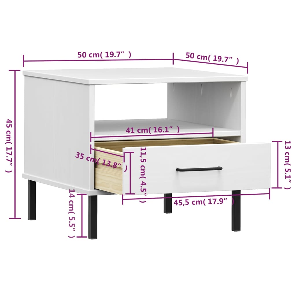 Bedside Table with Metal Legs White Solid Wood Pine OSLO