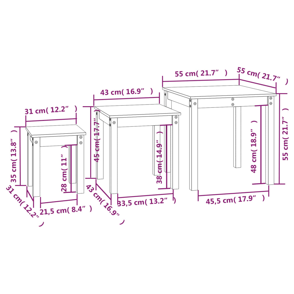 Nesting Tables 3 pcs Grey Solid Wood Pine