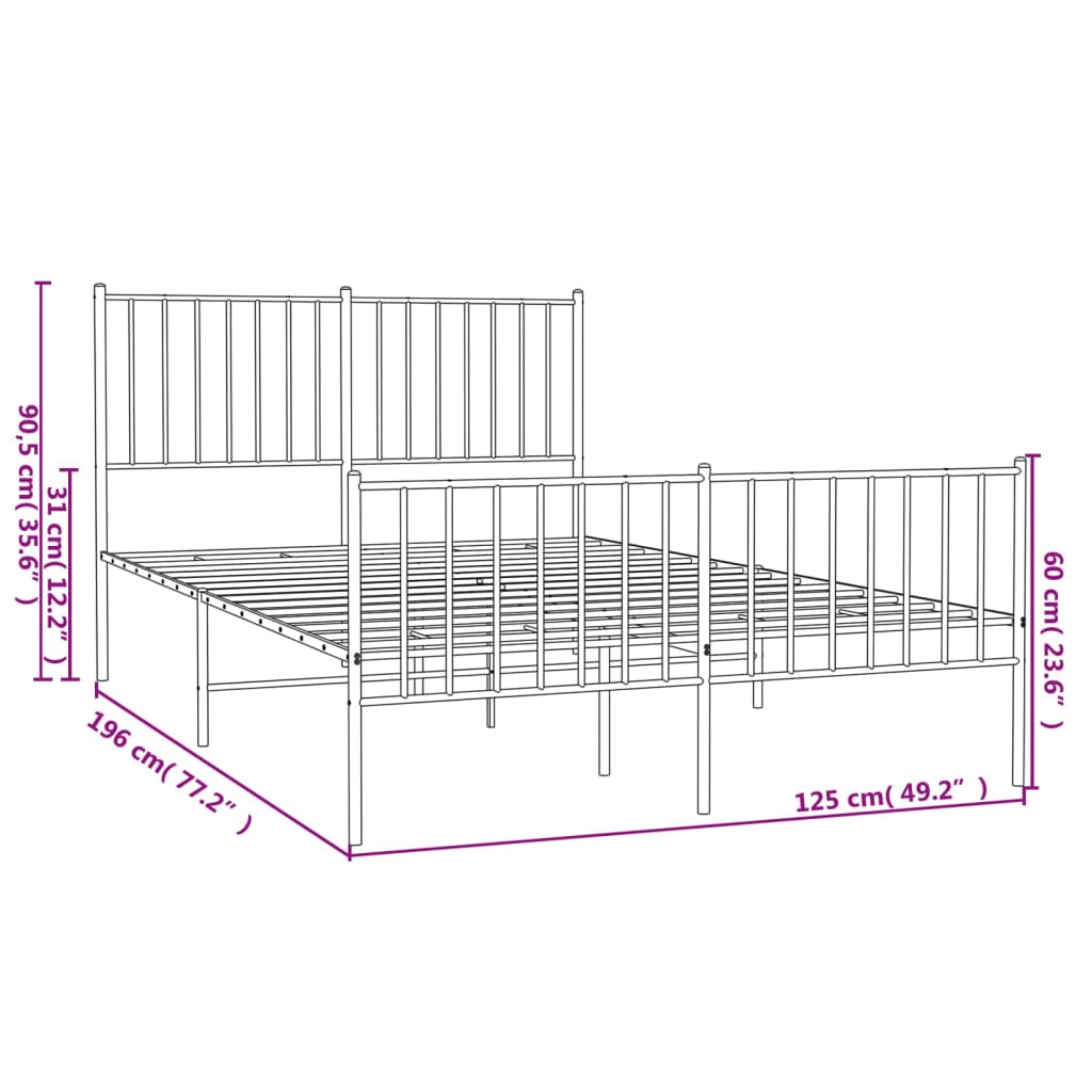 Metal Bed Frame without Mattress with Footboard White 120x190cm