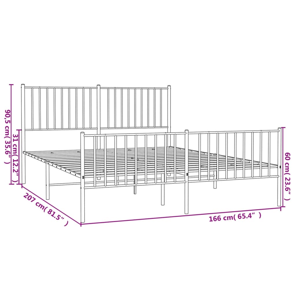 Metal Bed Frame without Mattress with Footboard White 160x200cm
