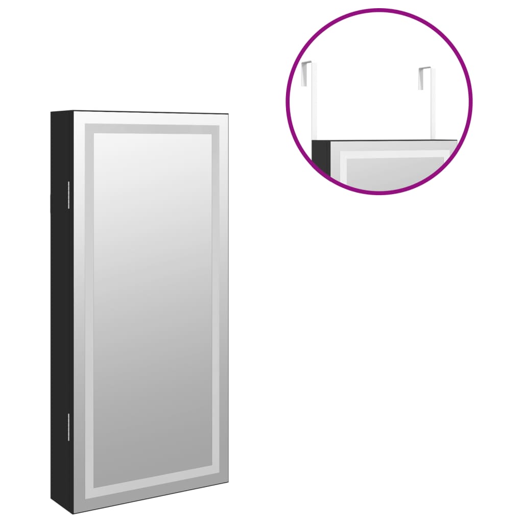Mirror Jewellery Cabinet with LED Lights Wall Mounted Black