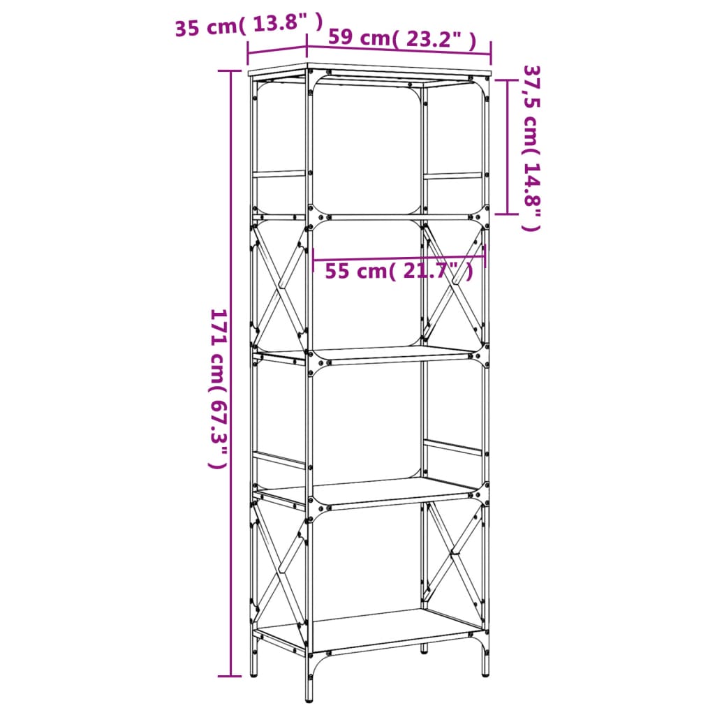 Bookcase 5-Tier Black 59x35x171 cm Engineered Wood