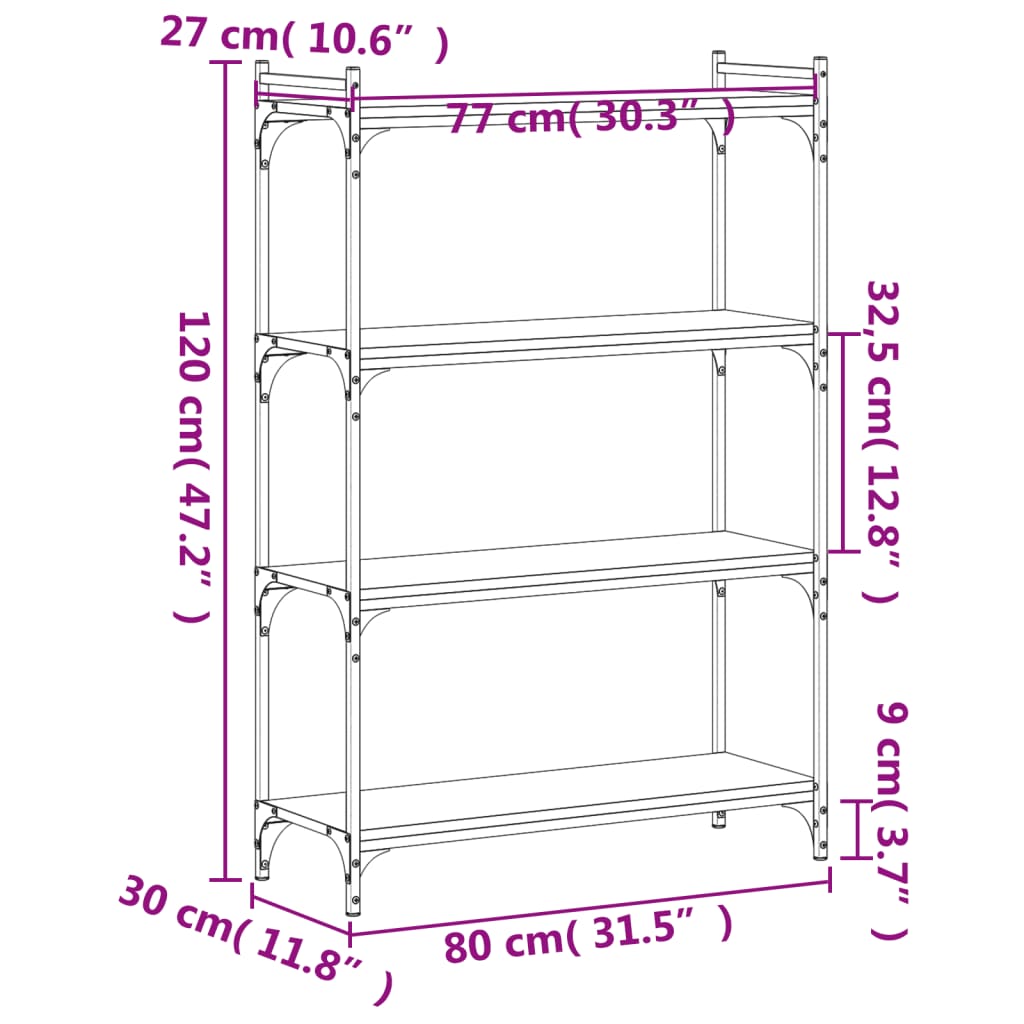 Bookcase 4-Tier Brown Oak 80x30x120 cm Engineered Wood