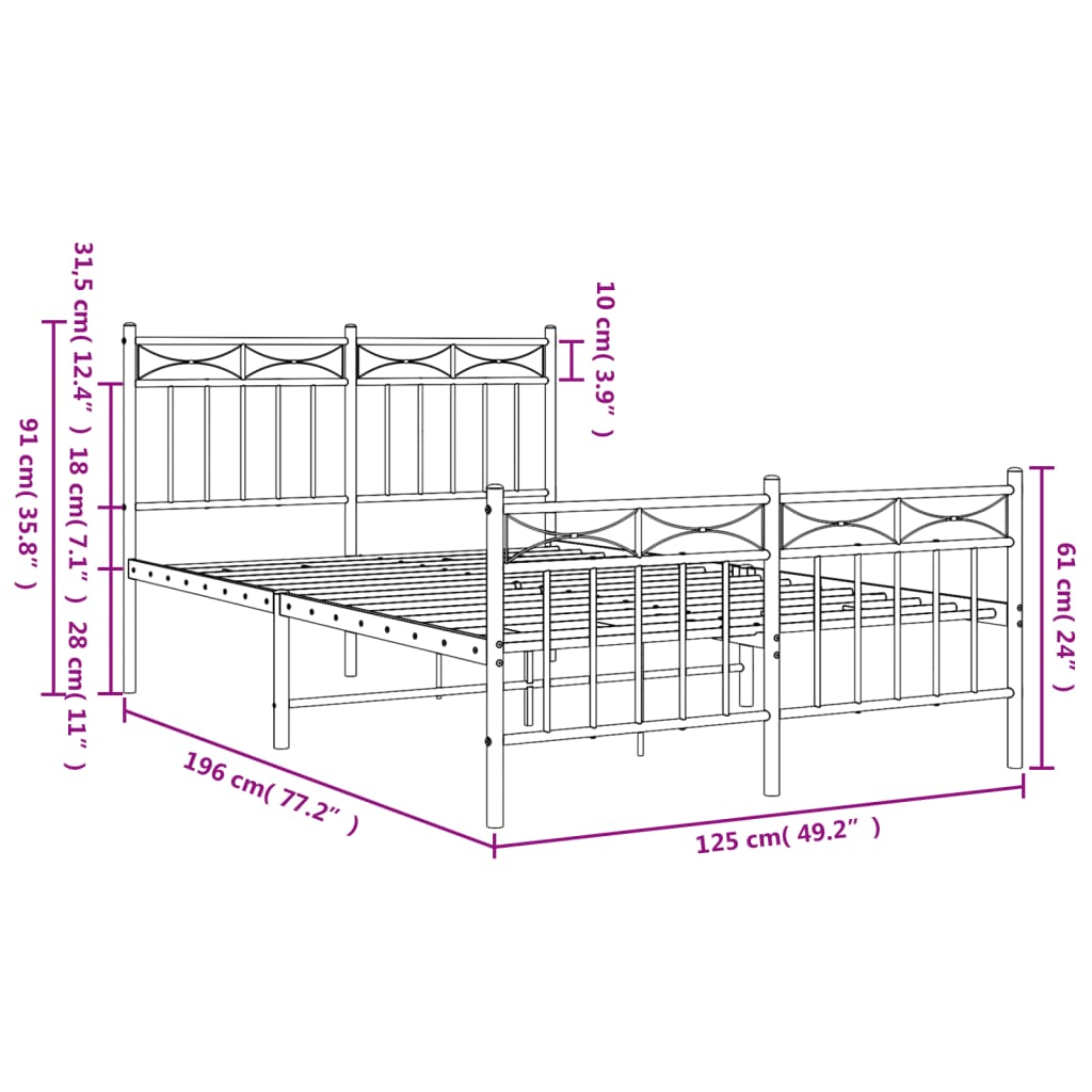 Metal Bed Frame without Mattress with Footboard Black 120x190cm