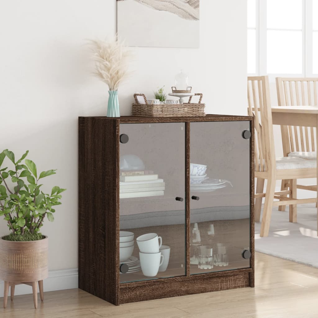 Side Cabinet with Glass Doors Brown Oak 68x37x75.5 cm