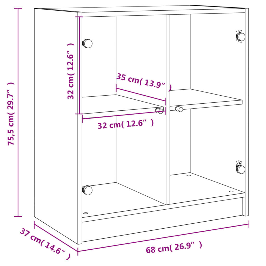 Side Cabinet with Glass Doors Brown Oak 68x37x75.5 cm
