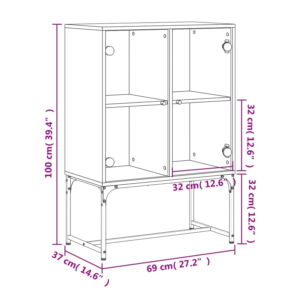 Side Cabinet with Glass Doors Grey Sonoma 69x37x100 cm