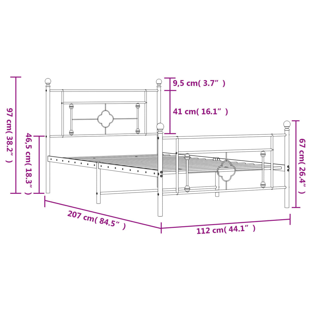 Metal Bed Frame without Mattress with Footboard Black 107x203cm