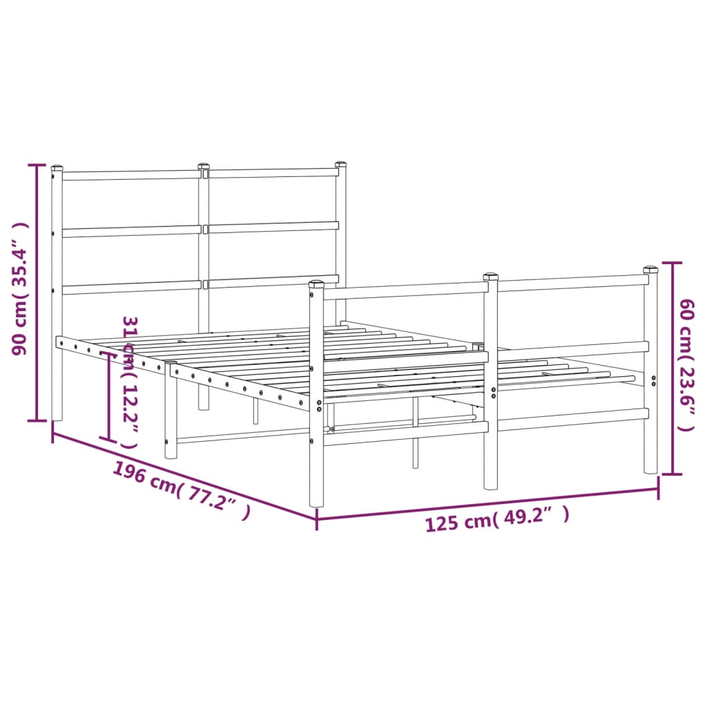 Metal Bed Frame without Mattress with Footboard White 120x190cm
