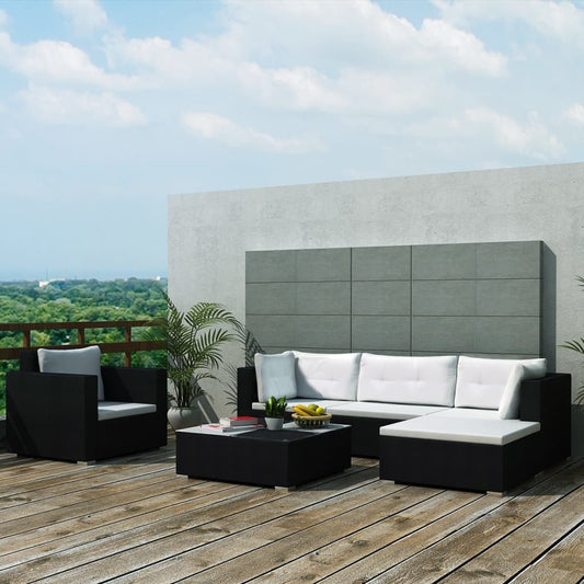 6 Piece Garden Lounge Set with Cushions Poly Rattan Black