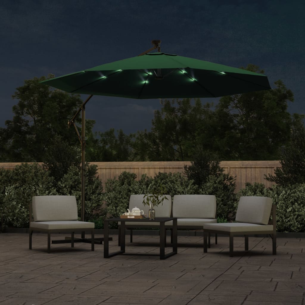 Hanging Parasol with LED Lighting 300 cm Green Metal Pole