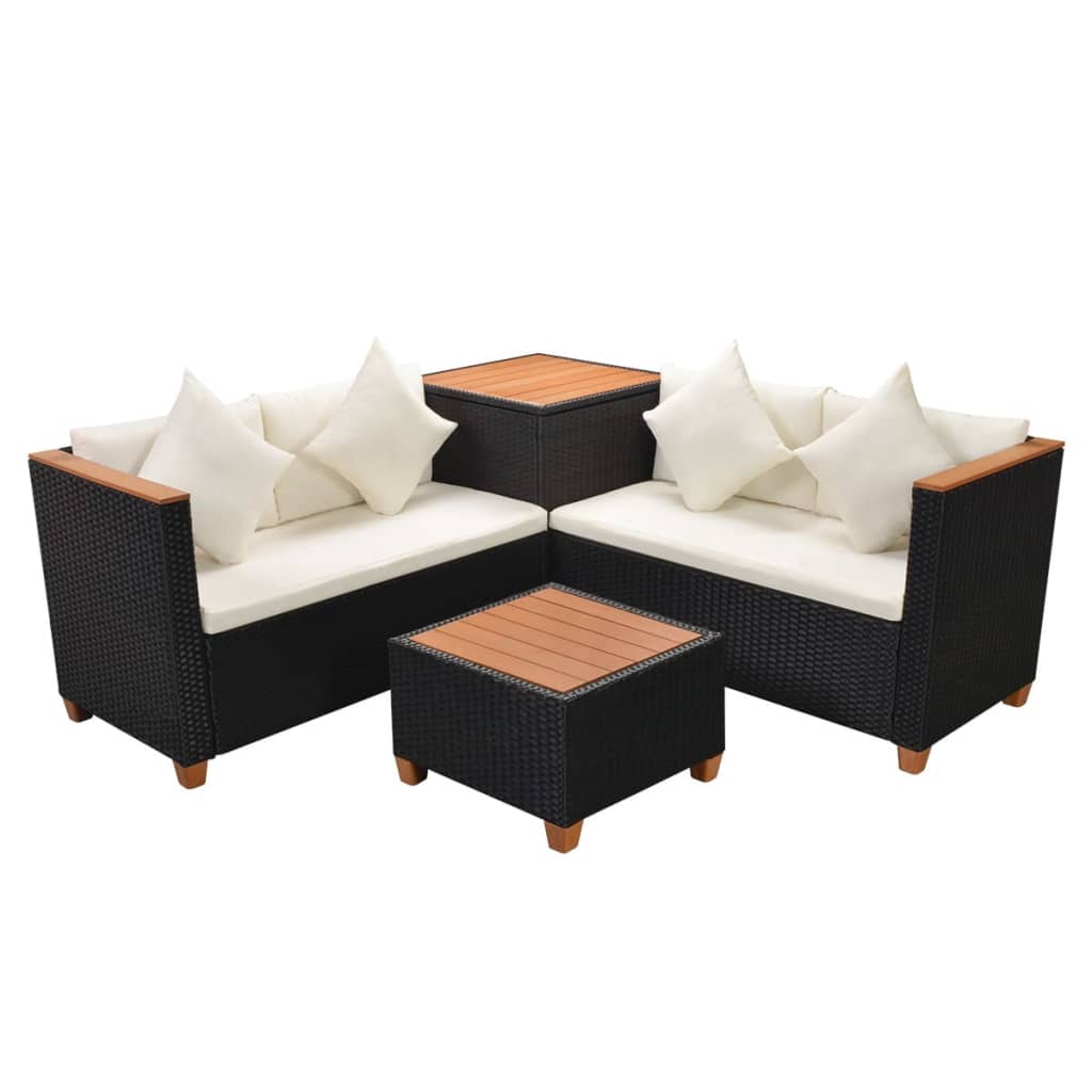 4 Piece Garden Lounge Set with Cushions Poly Rattan Black