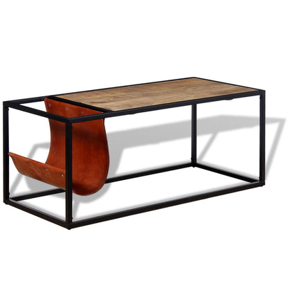 Coffee Table with Genuine Leather Magazine Holder 110x50x45 cm