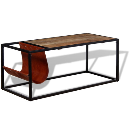 Coffee Table with Genuine Leather Magazine Holder 110x50x45 cm