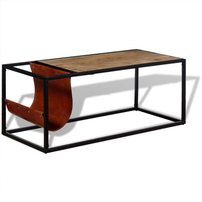 Coffee Table with Genuine Leather Magazine Holder 110x50x45 cm