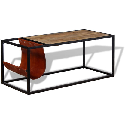 Coffee Table with Genuine Leather Magazine Holder 110x50x45 cm