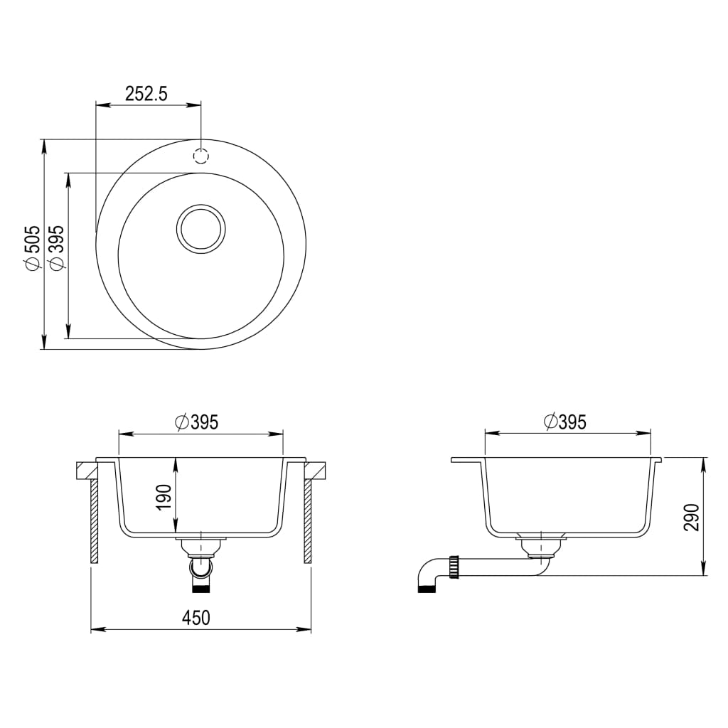 Granite Kitchen Sink Single Basin Round Black