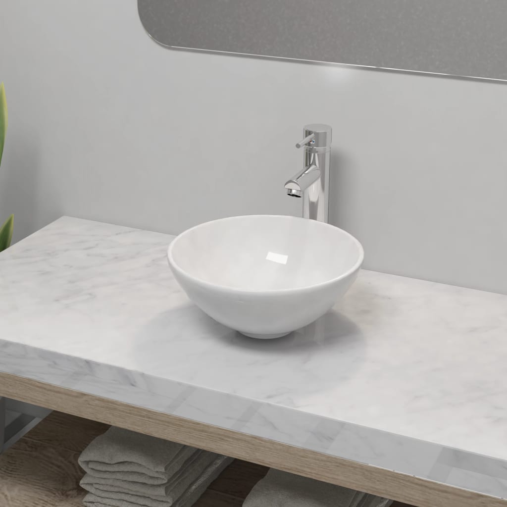 Bathroom Basin with Mixer Tap Ceramic Round White