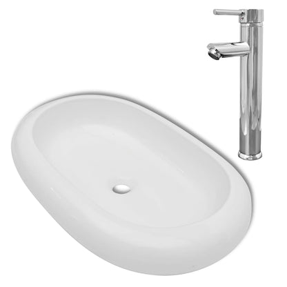 Bathroom Basin with Mixer Tap Ceramic Oval White