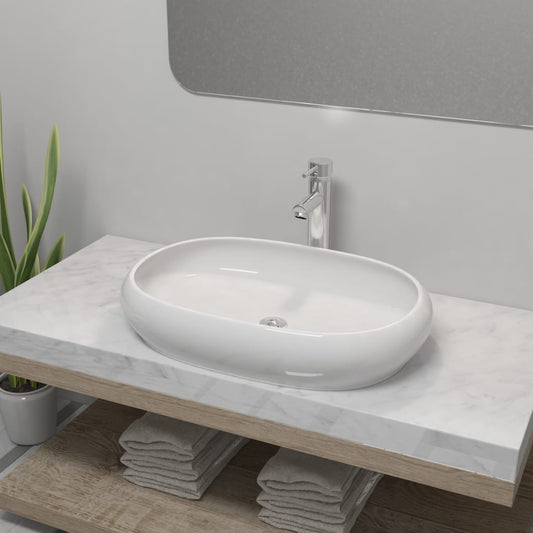 Bathroom Basin with Mixer Tap Ceramic Oval White