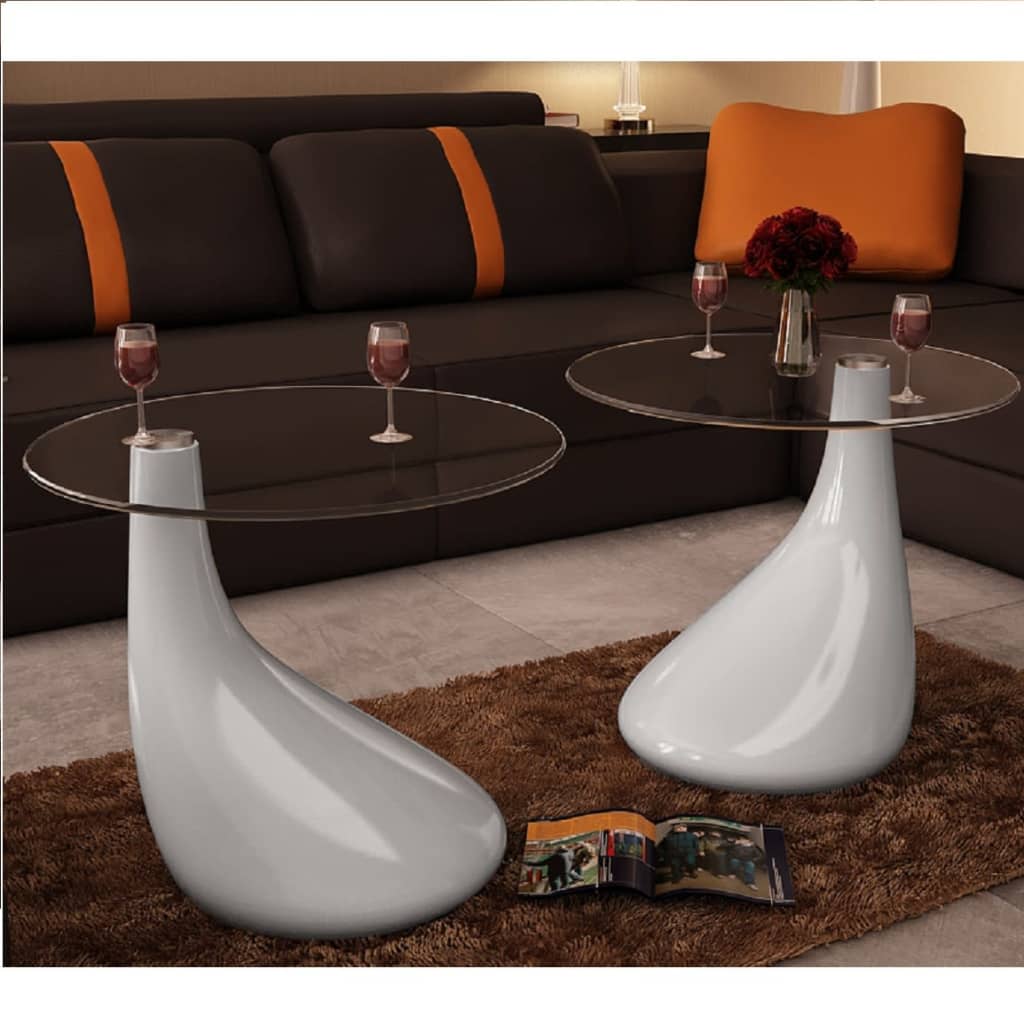 Coffee Table 2 pcs with Round Glass Top High Gloss White