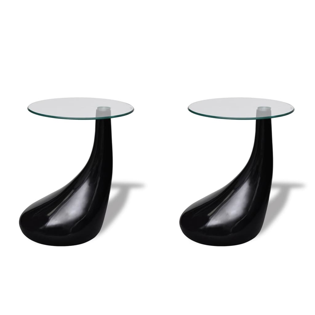 Coffee Table 2 pcs with Round Glass Top High Gloss Black