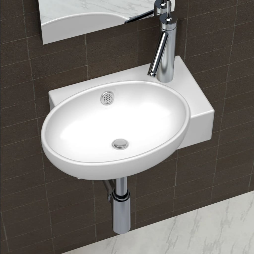 Ceramic Sink Basin Faucet & Overflow Hole Bathroom White