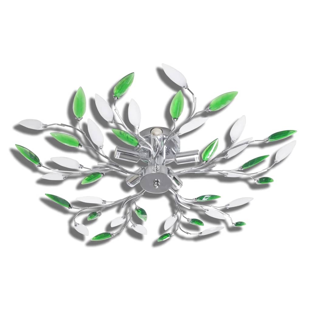 Green&White Ceiling Lamp with Acrylic Crystal Leaf Arms for 5 E14Bulbs