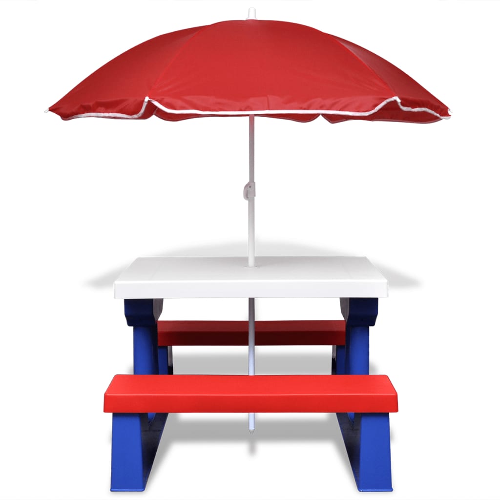 Kids' Picnic Table with Benches and Parasol Multicolour