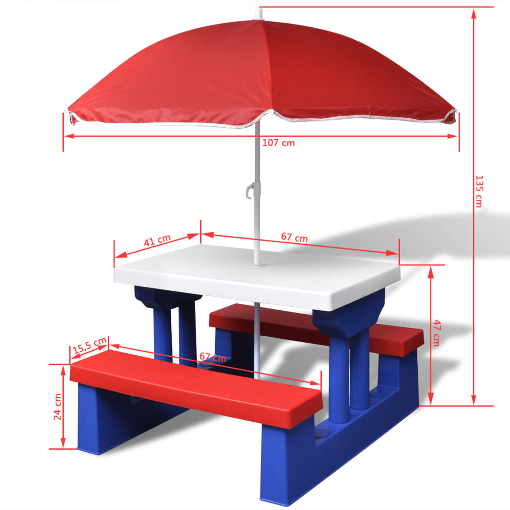 Kids' Picnic Table with Benches and Parasol Multicolour