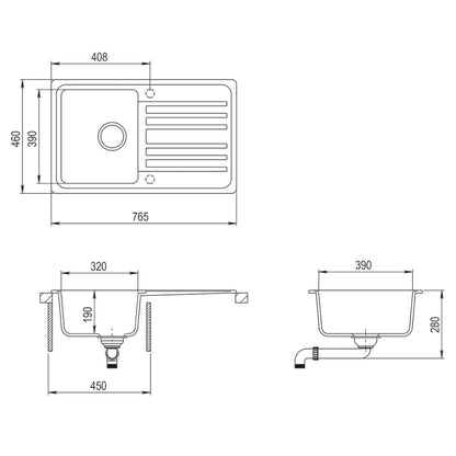 Granite Kitchen Sink Single Basin with Drainer Reversible Black