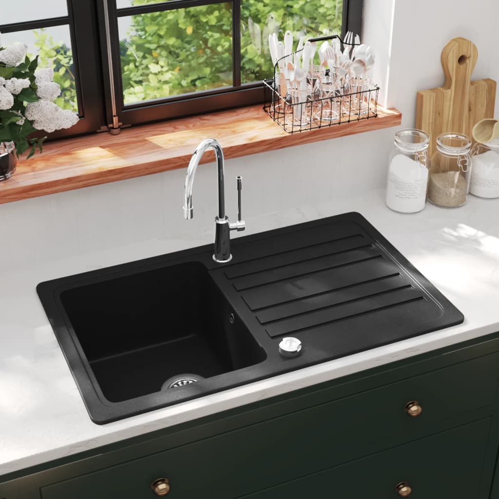 Granite Kitchen Sink Single Basin with Drainer Reversible Black