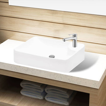 Ceramic Bathroom Sink Basin with Faucet Hole White